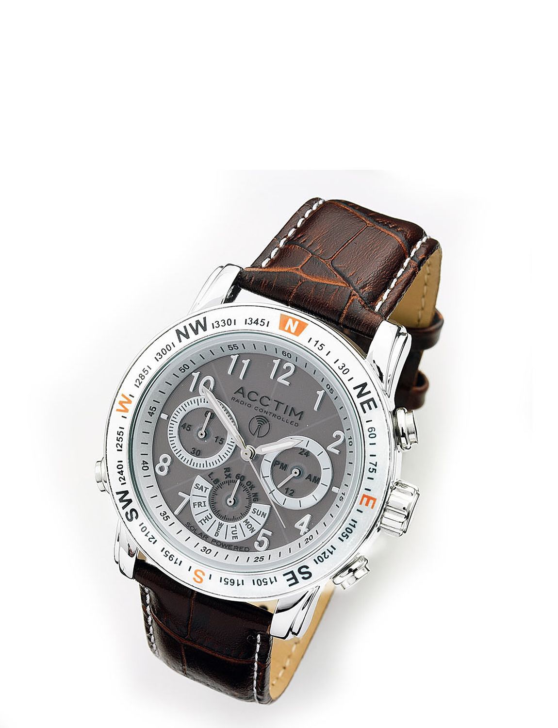 Solar Powered Radio Controlled Chronometer Watch Tan Leather Strap