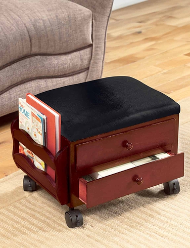 Foot Stool, Footrest Small Ottoman Stool, Elevated with Rolling Wheels-  Wooden Walnut Storage Drawer and Magazine Rack- Tapestry Top with Storage