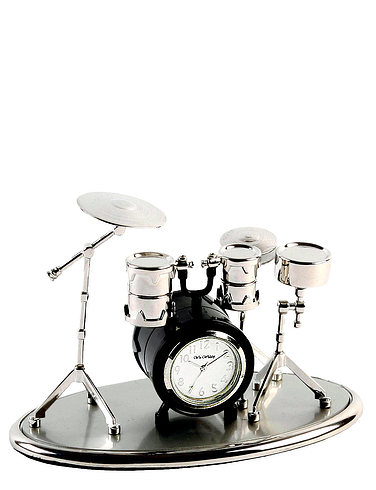 Miniature Drum Kit Novelty Silver Red & Black Tone Metal Collectors Clock 0341 