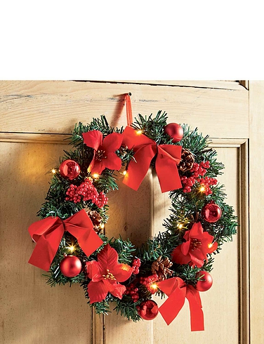 Wreath With Poinsettia and Warm LED Lights