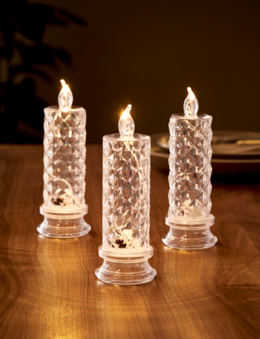 Set of Three Clear LED Candles With Reflection