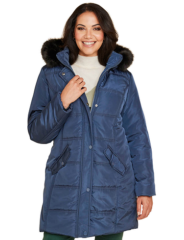 Water Resistant Parka Style Jacket With Detachable Hood And Faux Fur