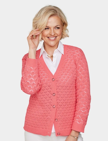Chums Women's Cardigan Pointelle Knit in Coral | Size: Medium/Large