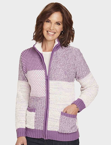 Patchwork Fleece Trim Cardigan