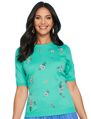 Embroidered Butterfly and Floral Short Sleeve Jumper