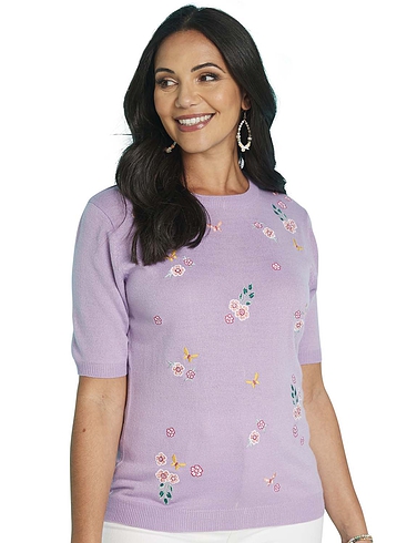 Embroidered Butterfly and Floral Short Sleeve Jumper