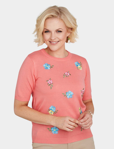 Amber Women's Short Sleeve Embroidered Jumper with Floral Pattern - Lightweight in Coral | Size: 24-26