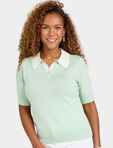 Amber Women's Insert Polo Neck Short Sleeve Jumper - Fine Knit, Lightweight Collar in Light Green | Size: 24-26