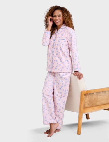 Amber Women's Winceyette Soft Brushed Cotton Leaf & Butterfly Print Pyjama Set with in Pink | Size: 20-22