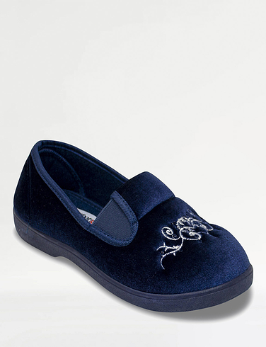 Dr Lightfoot Wide Fit Embroidered Velour Slipper