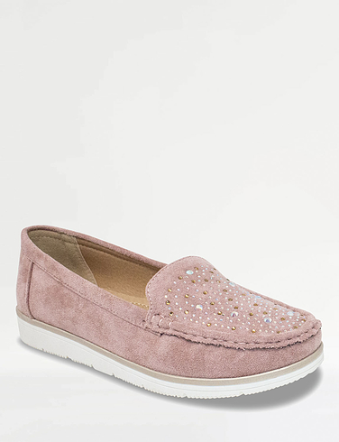 Comfort Plus Wide Fit Diamante Trim Mock Suede Loafer