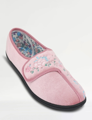 Chums Women's Dr Keller Wide E Fit Embroidered Touch Fasten Slipper - Soft & Cosy in Pink | Size: 3
