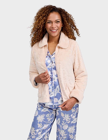 Luxury Faux Fur Trim Embossed Zip Jacket