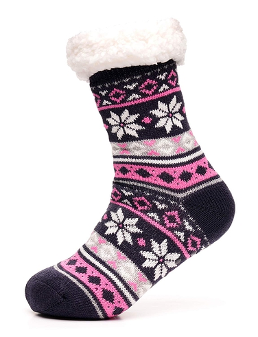 Fairisle Inspired Lounge Socks With Sherpa Lining and Grippers