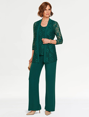 3 Piece Lace Trim Trouser Set - Green