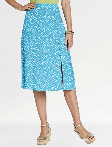 Side Split Covered Button Print Viscose Skirt