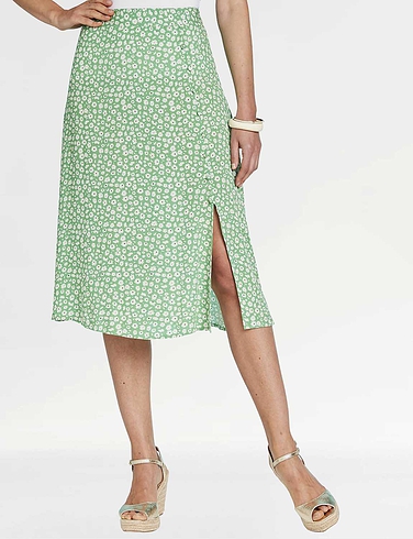 Side Split Covered Button Print Viscose Skirt