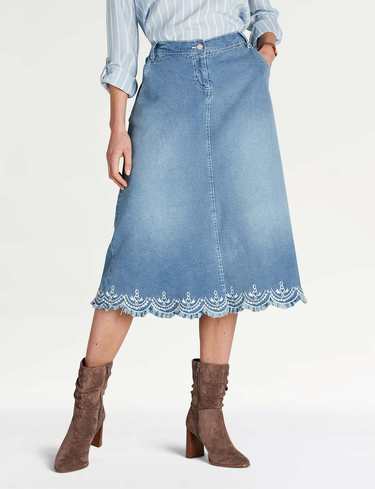 Amber Women's Embroidered Hem Denim Skirt - Scallop Hem, Elasticated Waist & in Light Blue | Size: 18