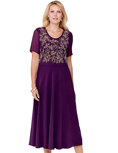 Short Sleeve Embroidered Occasion Dress - Purple