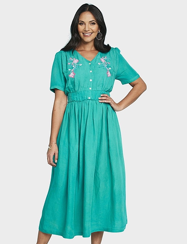 Embroidered Linen Mix Dress