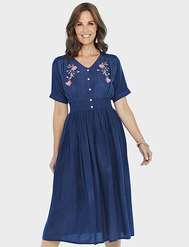 Embroidered Linen Mix Dress