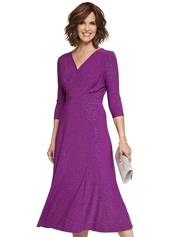 Glitter Foil Print Mock Wrap Dress