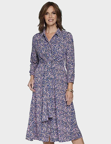 Three Quarter Sleeve Print Tie Front Dress
