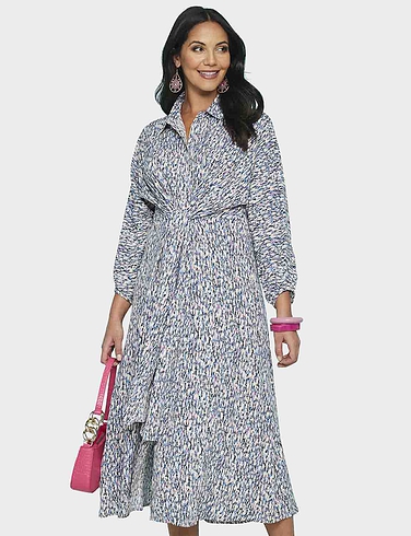 Three Quarter Sleeve Print Tie Front Dress