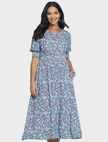 Smock Cuff and Waist Print Viscose Dress