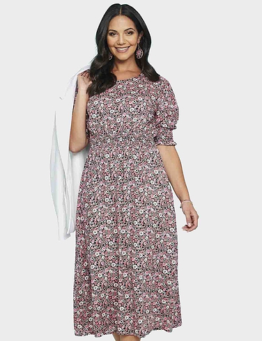 Smock Cuff and Waist Print Viscose Dress