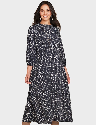 3/4 Sleeve Gathered Print Viscose Crepe Dress