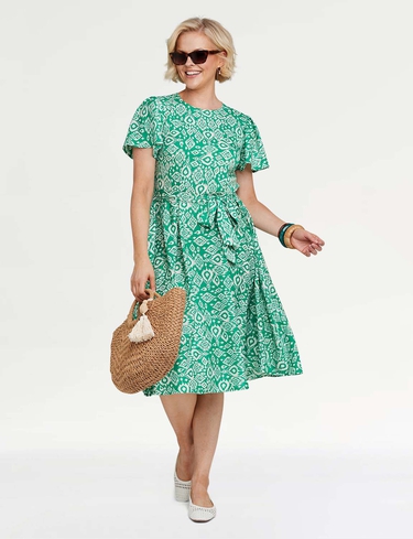 Amber Women's Chic Angel Sleeve Pleat Front Print Dress with Elegant Scoop Neck in Green | Size: 14