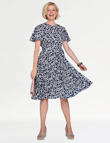 Angel Sleeve Pleat Front Print Dress