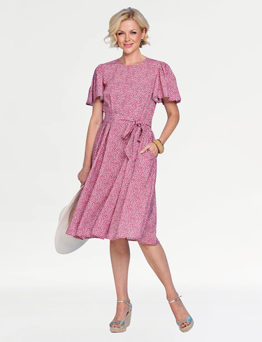 Amber Women's Chic Angel Sleeve Pleat Front Print Dress with Elegant Scoop Neck in Pink | Size: 18