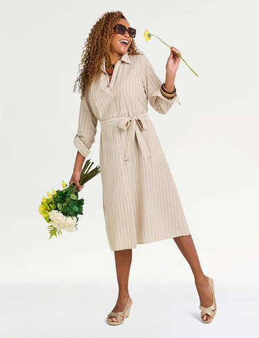 Amber Women's Stripe Cotton Belted Dress - Yarn Dyed Fit & Flare Button Front Dress in Natural | Size: 16