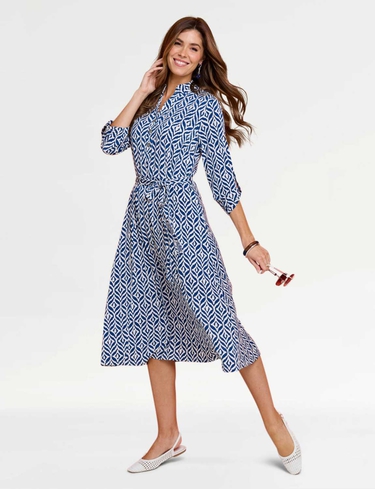 Aztec Print Belted Jersey Shirt Dress