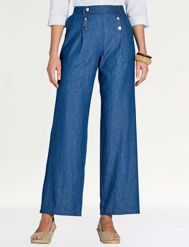 Amber Women's Pull On Denim Trousers Stylish Button Detailing Wide Leg in Blue | Size: 10XS
