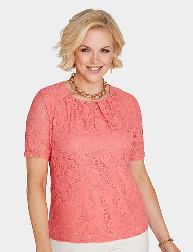 Short Sleeve Pleat Neck Lace Top