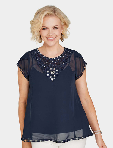 Amber Women's Occasion Short Sleeve Top with Decorative Lace & Jewel Necks, Scallop in Navy | Size: 16