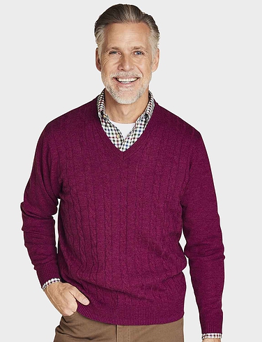 Cashmere Like V Neck Cable Sweater