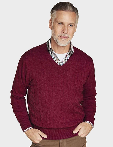 Cashmere Like V Neck Cable Sweater