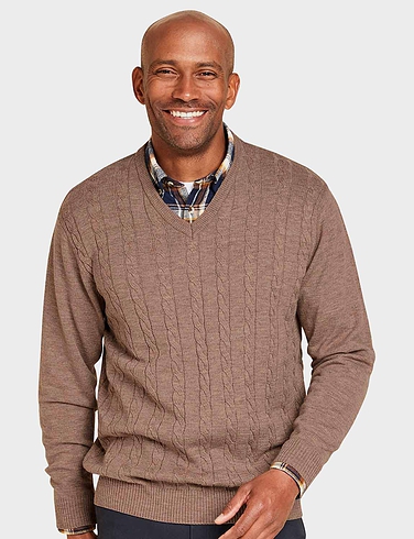 Cashmere Like V Neck Cable Sweater